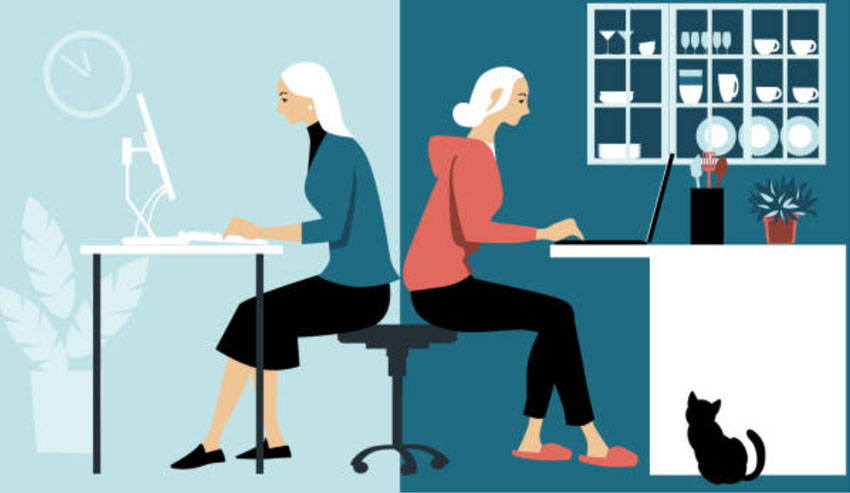 split screen illustration showing the same employee working from home. The left panel showing them setup in a professional looking home office, the other working in the kitchen with distractions around.