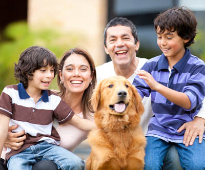 Family petting a dog